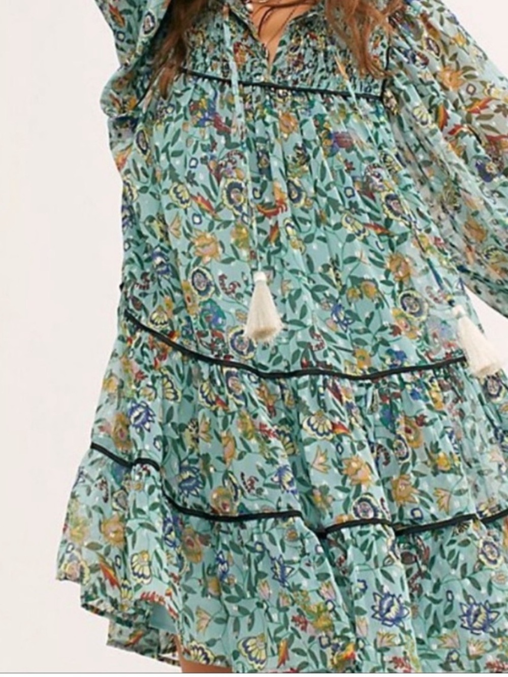 NWT Free People Floral Tiered Ruffled Swing Tunic Top Mini Dress Turquoise L - Picture 3 of 8